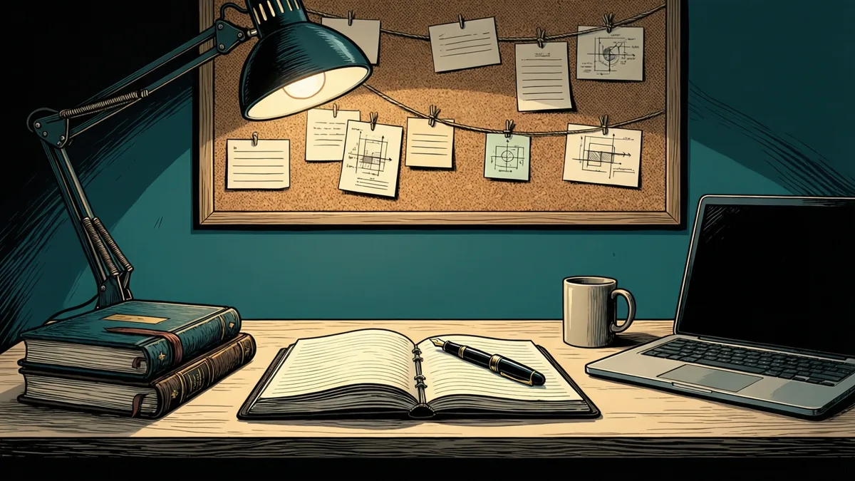A writing desk under a lamp, with an open notebook and fountain pen, a stack of bound journals, a mug, and an open laptop. Behind the desk, a corkboard holds pinned notes and small diagrams joined by string.