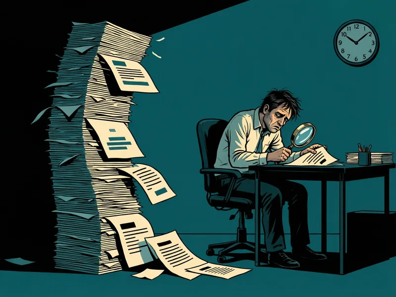 A tired reviewer hunches over a desk with a magnifying glass, checking a single page, beside a towering, leaning stack of draft slides that spills pages onto the floor. A clock on the wall suggests the time slipping away.