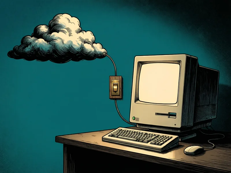 Illustration eines cremefarbenen All-in-One-Desktop-Computers mit Tastatur und Maus auf einem Holzschreibtisch. Ein dünnes Kabel führt vom Computer die türkisfarbene Wand hinauf, durch einen Messingschalter auf einer kleinen Holztafel, und endet in einer bauschigen cremefarbenen Wolke, die links schwebt.