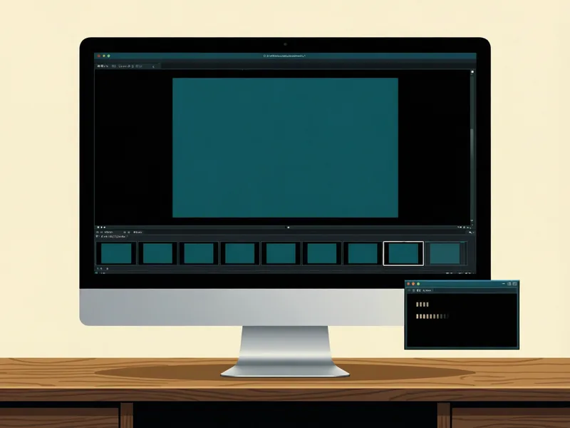 Illustration eines schlichten silbernen Desktop-Monitors auf einem Holzschreibtisch vor einer cremefarbenen Wand. Der Bildschirm zeigt einen Folieneditor mit einer großen leeren türkisfarbenen Folie und einer Reihe kleiner Folienminiaturen darunter, und ein kleines schwarzes Terminalfenster mit einigen kurzen Zeilen schwebt in der unteren rechten Ecke.