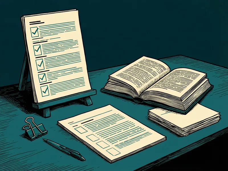 Illustration eines türkisfarbenen Schreibtischs mit einem Blatt mit einer Checkliste abgehakter Kästchen, das auf einer kleinen Holzstaffelei steht, einem aufgeschlagenen gebundenen Buch, einem kleinen Stapel loser Seiten, einem Formular mit leeren Kästchen, einer schwarzen Büroklammer und einem Stift, alles in Creme und Türkis gezeichnet.