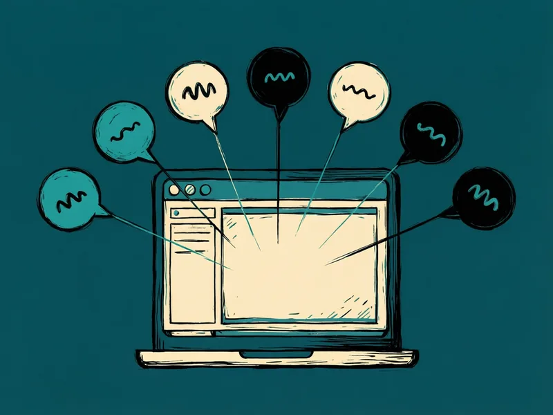 Illustration eines aufgeklappten Laptops, der ein Anwendungsfenster mit einer Seitenleiste und einem großen cremefarbenen Bereich zeigt. Sieben runde Sprechblasen in Türkis, Creme und Schwarz fächern sich im Bogen über dem Laptop auf, jede mit einer Wellenlinie statt Worten und durch eine dünne Linie mit dem Bildschirm verbunden.