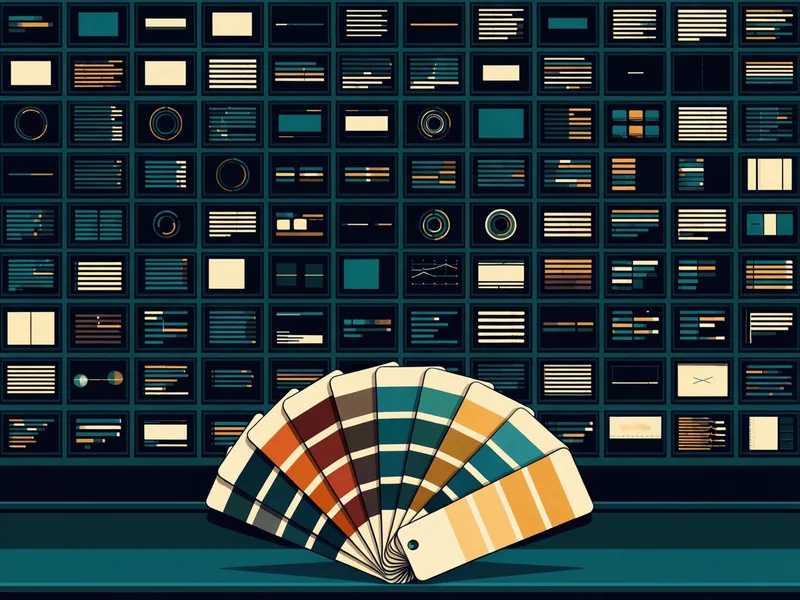 Illustration einer Wand, die mit einem Raster kleiner dunkler Folienminiaturen bedeckt ist, jede mit einem anderen Layout aus Textbalken, Ringen, Diagrammen und Blöcken in Türkis, Creme und Orange. Vor der Wand liegt auf einem Regal ein Fächer aus Farbmusterkarten in Rostrot, Braun, Türkis und Gold.