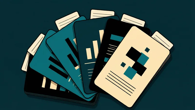 Six presentation slides are fanned out like a hand of cards on a teal background, showing bar charts, stacked blocks, and lines of text drawn as plain strokes. A small cream notes card peeks out behind each slide for the speaker.