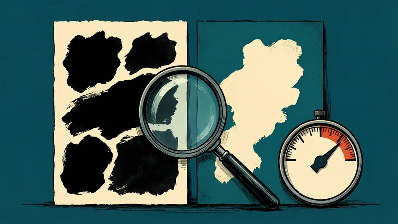 Two swatch cards stand side by side, one with bold black shapes on cream and one with a cream shape on deep teal. A magnifying glass examines where they meet, and a dial gauge beside them points to the middle of its range, well clear of the red zone.