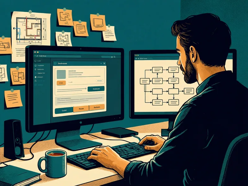 A developer works at a desk with two monitors, one showing an application window of simple buttons and panels and the other a flowchart of boxes and arrows, beside a wall of sketched sticky notes and a mug of tea.