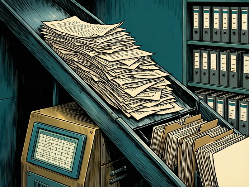 A pair of hands feeds a messy stack of paper forms into the slot of an old brass and teal sorting machine, while neat, labeled folders stand in a rack on its other side and a small window on top shows the work inside.