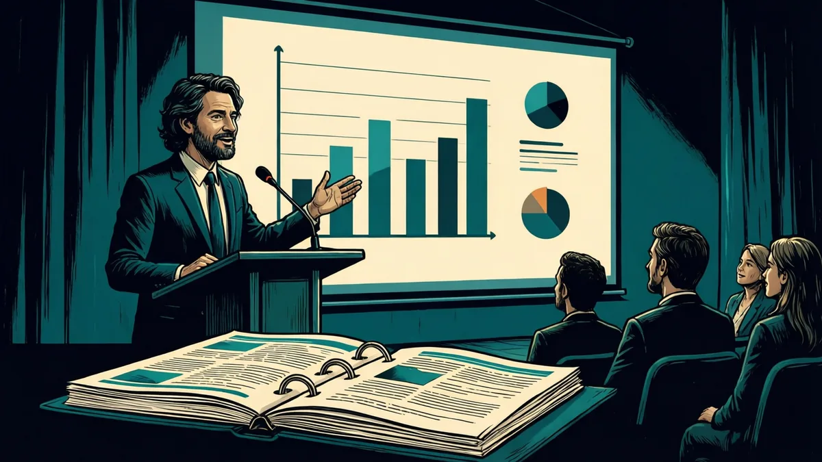 A smiling presenter speaks from a podium beside a large projected slide with a bar chart and two pie charts, gesturing toward it for a small seated audience, while an open ring binder of source pages with teal highlights lies in the foreground.